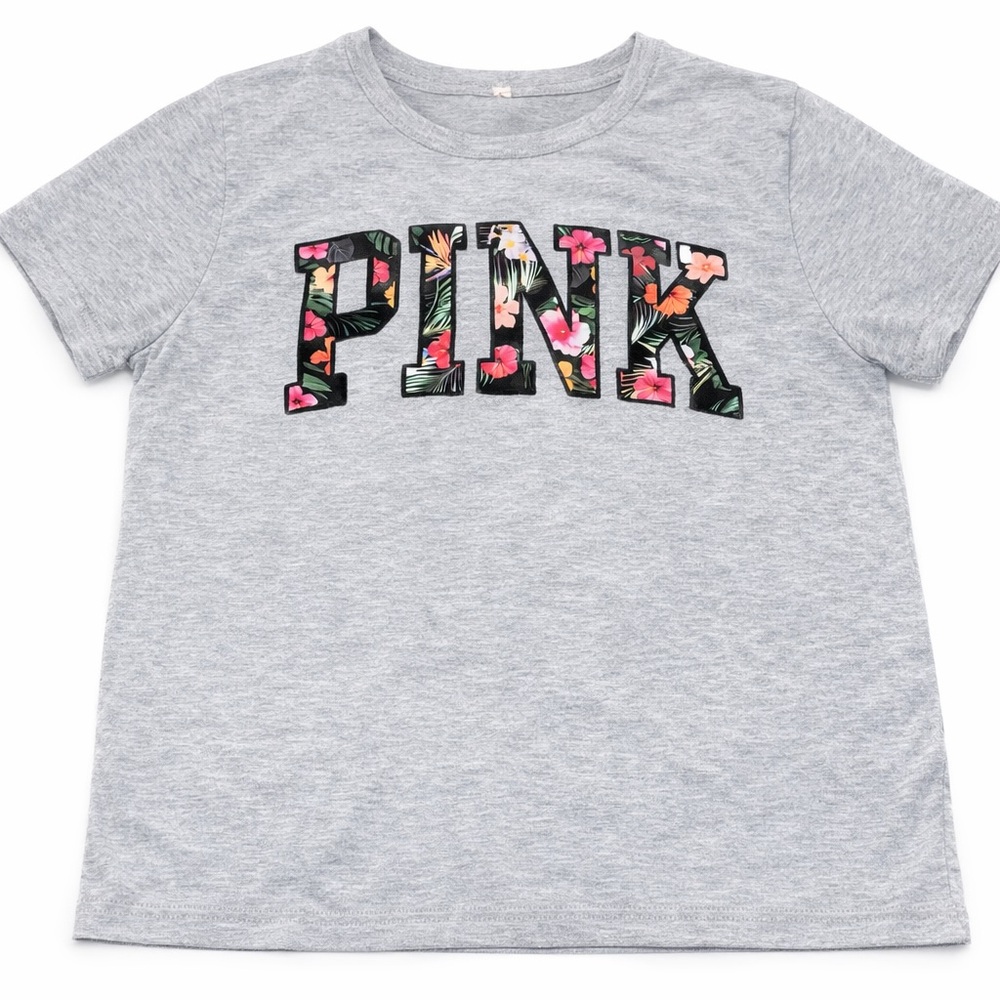 Source Unknown Heather Gray Tee with Floral PINK Logo